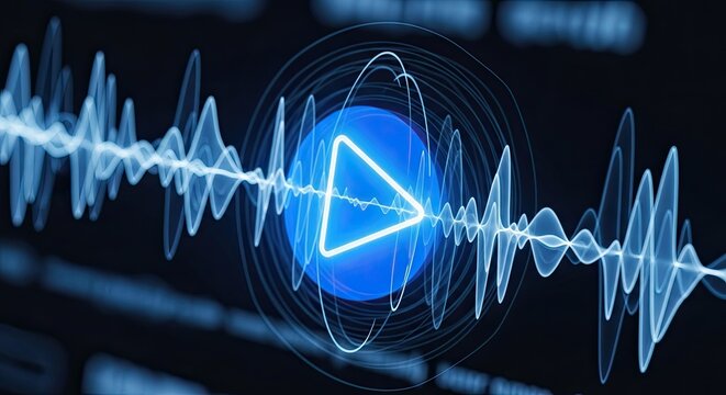 Neon blue audio wave visualization and digital play button symbol glowing on a dark background representing music streaming technology media interface design concepts and modern sound processing data