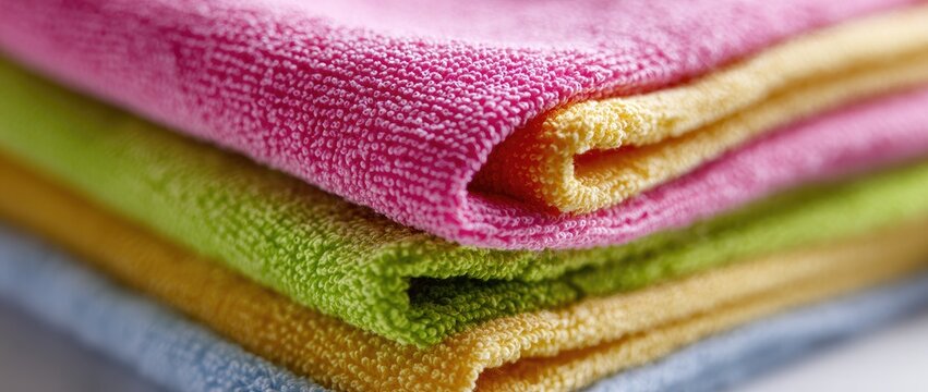 A soft, colorful stack of microfiber cloths in close-up