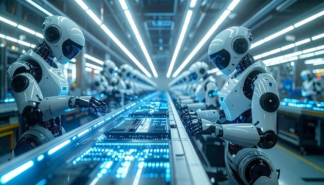 AI-powered manufacturing robots working on a production line in a futuristic Japan factory with bright blue and white lighting.
