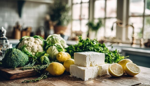 Fresh, healthy ingredients arranged on a kitchen counter