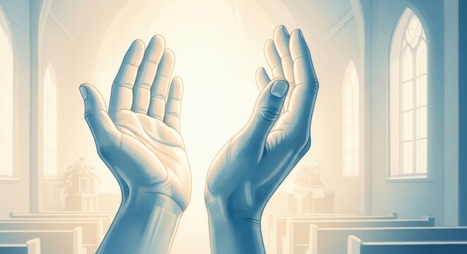 Close-Up of Raised Hands in a Serene Church Setting, Symbolizing Hope, Gratitude, and Spiritual Connection Amidst Divine Light, watercolor