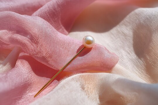 Close-up of elegant pink silk with traditional hair accessory, copy space
