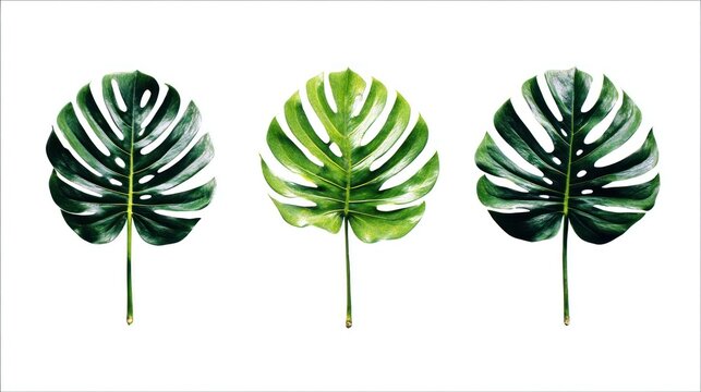 Three distinct tropical plant leaves are displayed in a horizontal arrangement against a plain white background