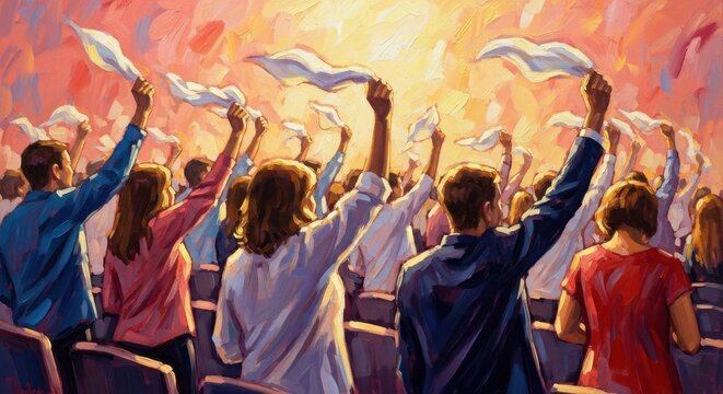 A Vibrant Congregation Joyfully Raising Their Hands and White Cloths in Celebration, Symbolizing Unity and Spiritual Connection in a Uplifting Atmosphere, watercolor