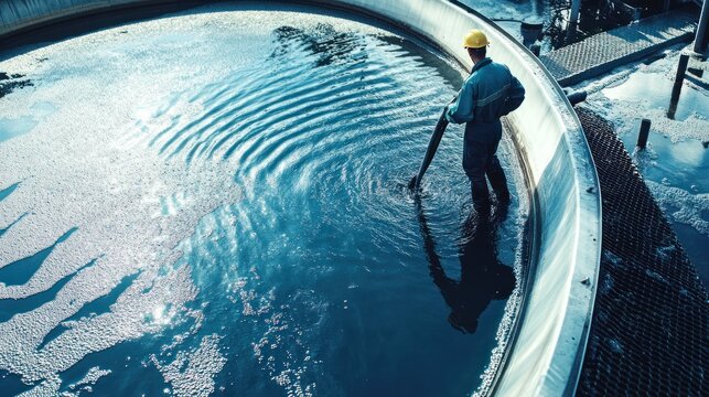 Worker cleans industrial water tank; ripples on surface; factory background; for industrial maintenance