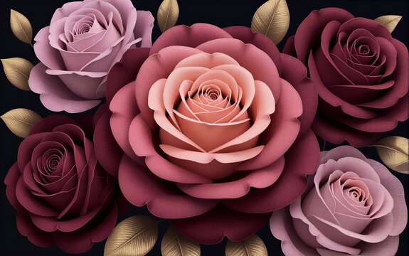 Elegant roses in soft pinks and deep purples golden leaves against