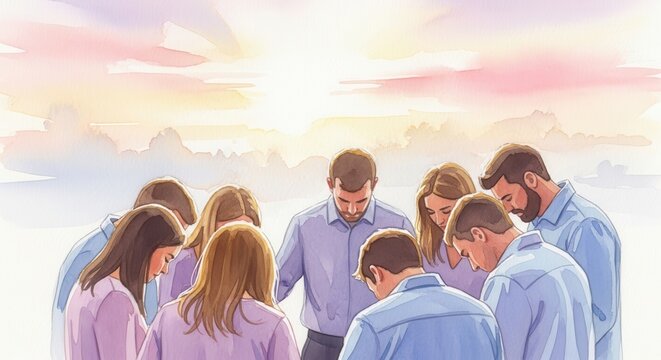 Early Morning Worship: A Group of Individuals Engaged in Prayer Under a Beautiful Sunrise, Symbolizing Unity, Faith, and Spiritual Reflection, watercolor
