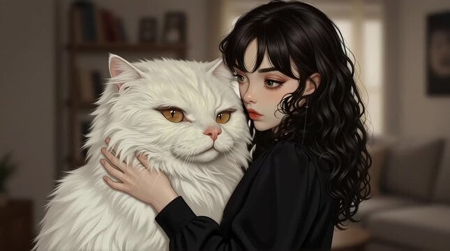 3D Anime Woman with Slim Body in Black Outfit Long Curly Black Hair Green Eyes Hugging White Fluffy Persian Cat Gentle Sad Expression in Warm Blurry Indoor Living Room Background Animation Lifestyle