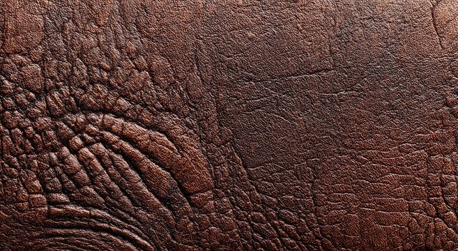 Close-up texture of weathered, cracked, dark brown animal hide