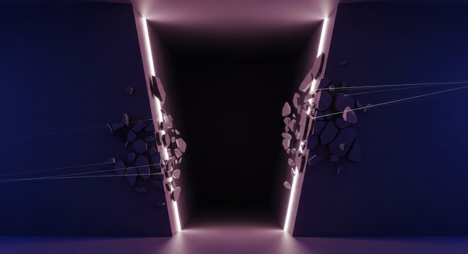 A dark architectural void where reality stutters, showing fragmented edges and spectral trails that suggest a subtle lag in temporal flow, temporal, surreal, minimalist