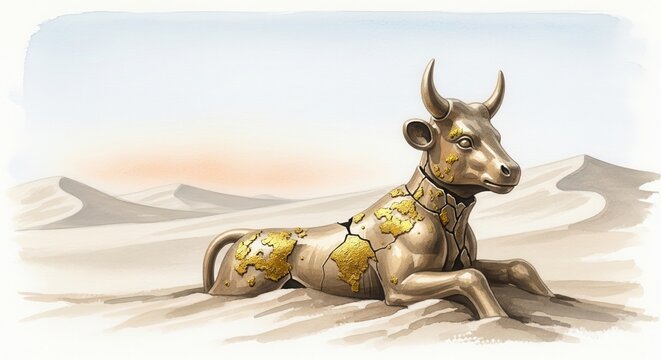 Abandoned Golden Calf Lying in the Desert, Symbolizing Lost Faith and Materialism Amidst a Barren Landscape, watercolor