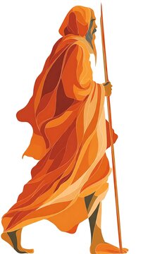 Adi Shankaracharya Walking with Staff in Saffron Robes Illustration