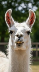 Fototapeta premium A fascinating close-up portrait of a pristine white llama, featuring its fluffy ears and a distinctive, slightly toothy smile, capturing its unique personality and gentle gaze