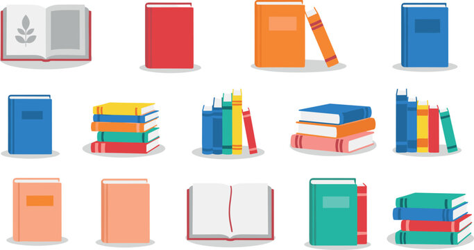 Book Icon Vector Set Featuring Open and Closed Books, Stacks, Textbooks, and Educational Reading Symbols for School and Library Design