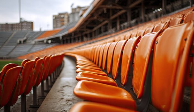 Rows of empty orange stadium seats curve away into the distance