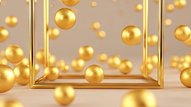 Numerous glittering golden spheres populate a minimalist space surrounding a cubic frame structure.