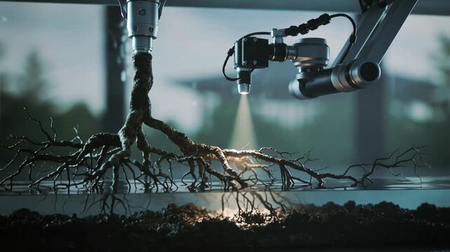 A robotic arm gently waters the roots of a plant in a controlled environment, symbolizing innovation in agriculture and precision farming.