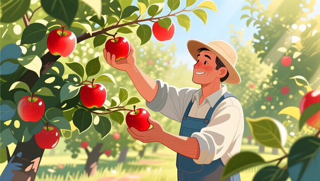Midsummer orchard apple picking harvest labor scene illustration