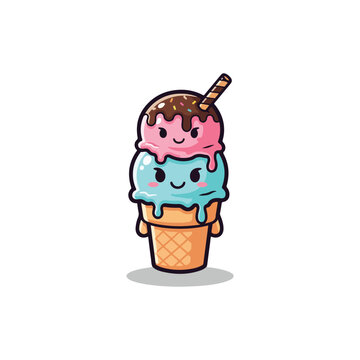 Kawaii style double scoop ice cream cone illustration featuring pink and blue scoops with cute faces, chocolate syrup topping, sprinkles, and a wafer stick on a white background.