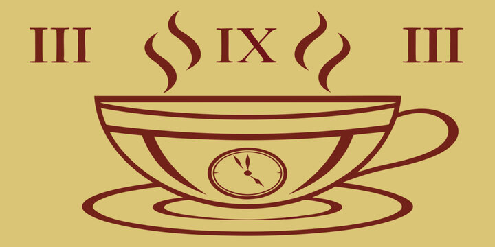 A steaming cup of coffee with roman numerals and a clock face