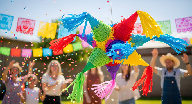 The festive atmosphere of a colorful pi&ntilde;ata party, the traditional star-shaped pi&ntilde;ata hangi is vibrant and colorful, hung for carnival fun, and festive celebration decorations.