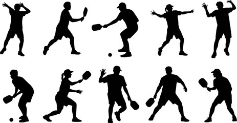 Pickleball player silhouettes collection showing men and women playing paddle sport action poses isolated set, flat vector illustration © Nur