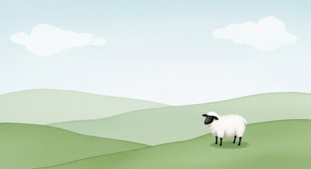Fototapeta premium illustration for Parable of the Lost Sheep, Emphasizing Compassion and Guidance in a Serene Landscape, watercolor, copy space