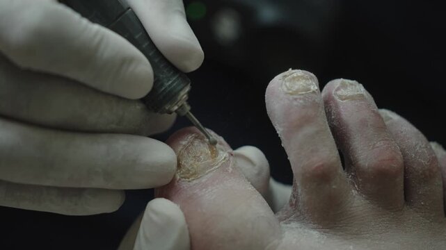 Podiatrist treating fungal toenail infection with drill