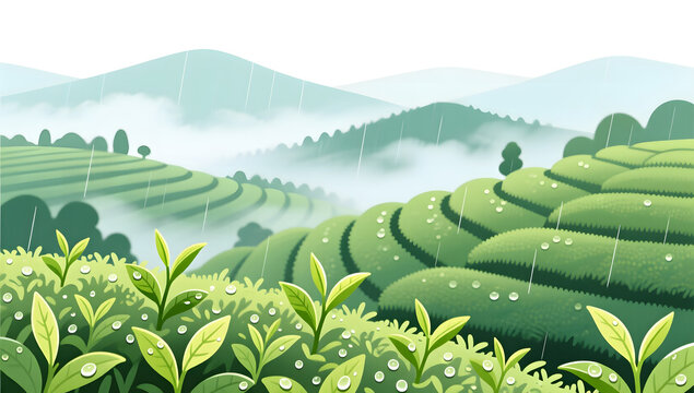 Guyu solar term tea garden scenery with mist and green leaves