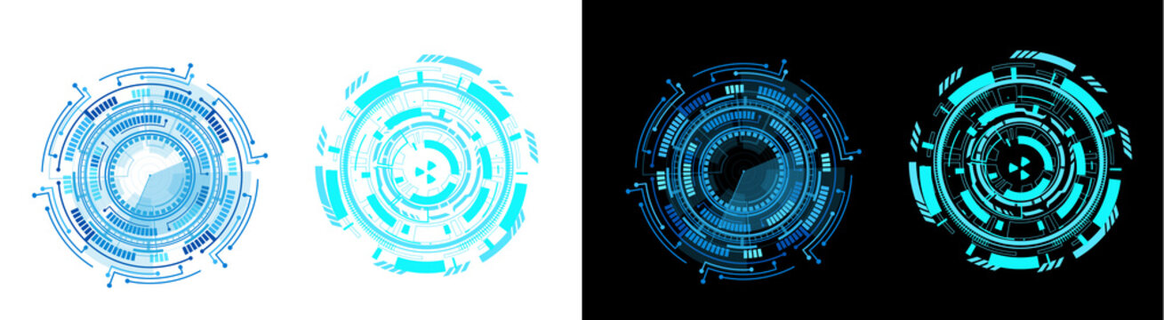 PNG image of&nbsp;Futuristic digital heads up display elements featuring circular interfaces and neon blue circuit patterns on transparent background
