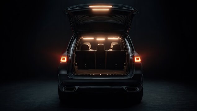 Dark rear view of an open SUV trunk with interior lighting illuminated