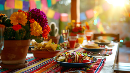 Fototapeta premium Festive Mexican fiesta dinner table setting in rustic restaurant with sombrero cactus colorful bunting margarita and food decoration for gathering and holiday event