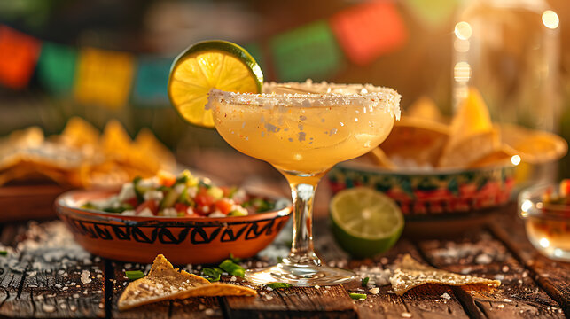 Festive Cinco de Mayo celebration scene on rustic wooden table with margarita salsa chips Mexican food sombrero and colorful bunting for party background