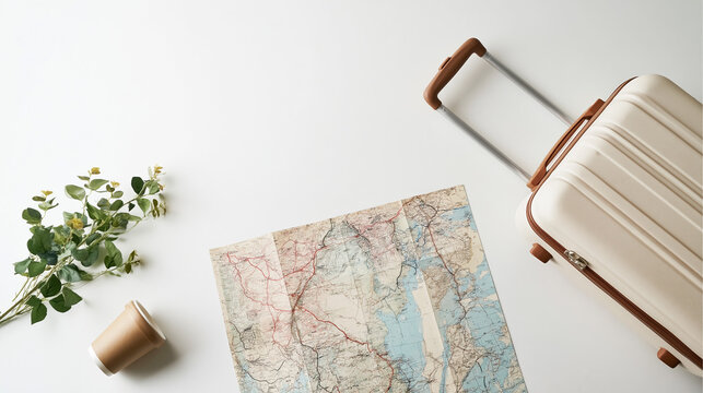 Travel preparation concept with suitcase and map minimal background with copy space、スーツケースと地図の旅行準備イメージ シンプルな背景 コピースペースあり