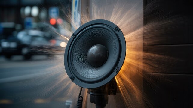 Dynamic speaker emitting powerful sound waves on city street