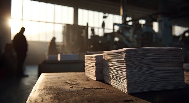 Stacked paper forms illuminated by golden industrial workshop sunlight
