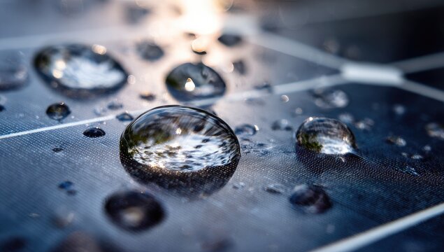 Close-up of water droplets on a textured surface, reflecting light and surroundings
