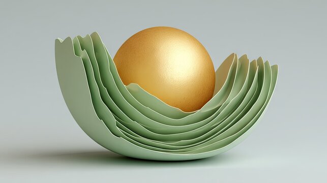 Lustrous golden sphere rests cradled within layered pale green abstract structure