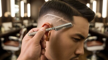 Close-up of young man getting stylish haircut with straight razor