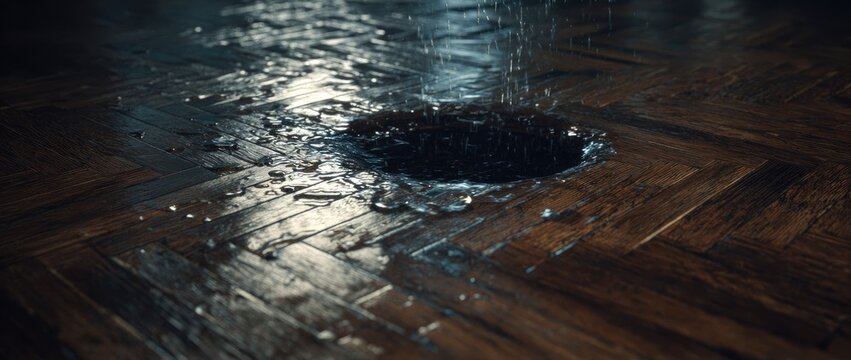 Water drips into a dark hole on a polished wooden floor