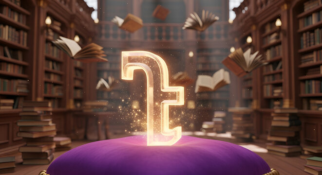 Glowing gamma letter symbol on a velvet cushion in magical library