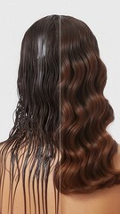 Fototapeta premium Split hair transformation from wet and messy to smooth and styled