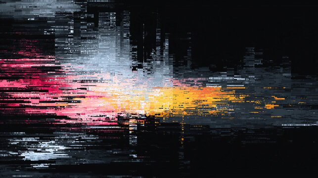 暗闇の中で光り輝くデータとノイズが交差するサイバーパンク風のデジタル抽象背景