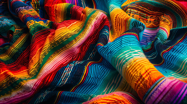 Ultra high definition close up of vibrant traditional Mexican serape blanket with colorful woven stripes and patterns for cultural textile