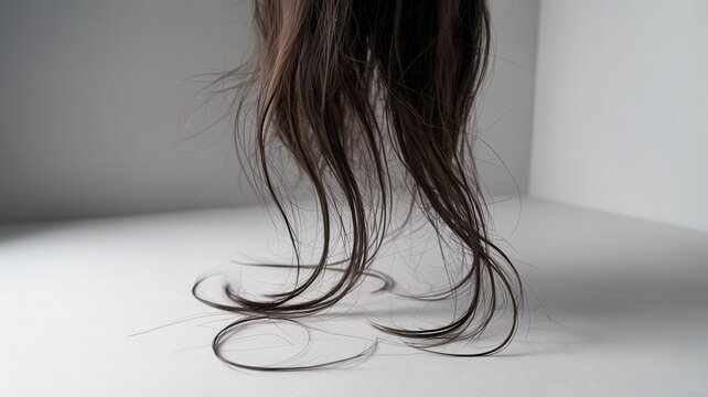 Long brown hair with split ends on white background