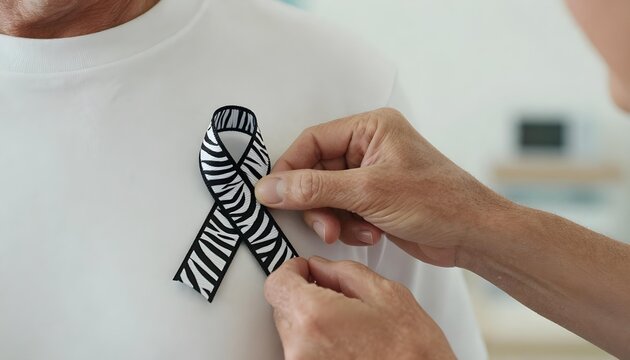 A person ties a zebra print ribbon onto a shirt, symbolizing awareness for Ehlers-Danlos syndrome and invisible illnesses