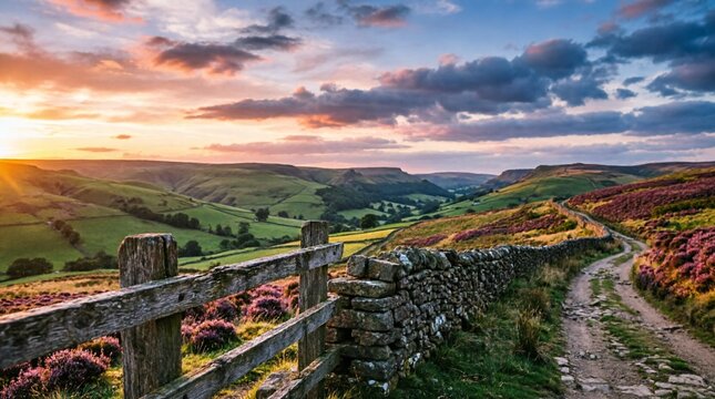Stunning British countryside landscape at golden hour featuring traditional dry stone wall, wooden fence, rolling hills, dramatic sky, rural track, Peak District National Park, England, scenic country