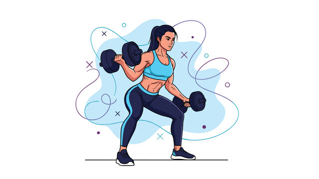 Determined athletic woman performing a squat exercise with dumbbells in each hand for strength training and fitness.