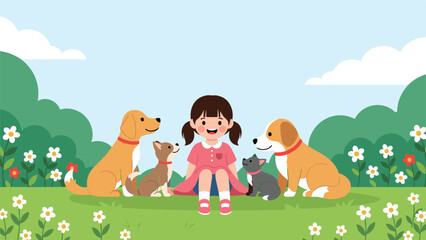 Naklejka premium Cheerful young girl sitting in a flower-filled park meadow surrounded by her four playful pet dogs.