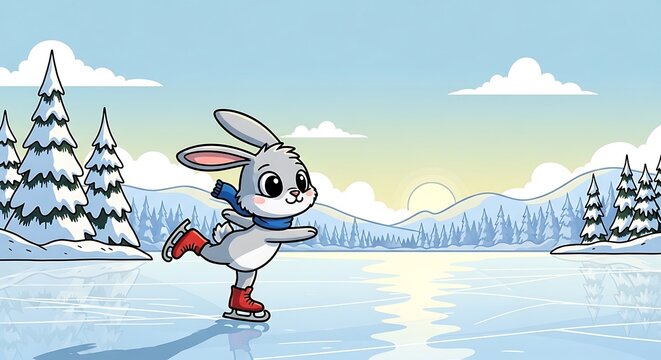 Cute Bunny Rabbit Ice Skating in a Winter Wonderland Landscape.